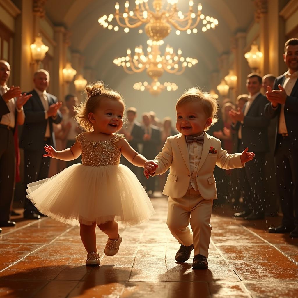 Two chubby babies dance at a grand ball. One girl in a glamorous glittery dress, one boy in a tailored suit with a bow tie. A crowd watches and applauds them. Warm golden lighting highlights the polished wooden floor. A heartwarming and enchanting scene with cinematic quality.