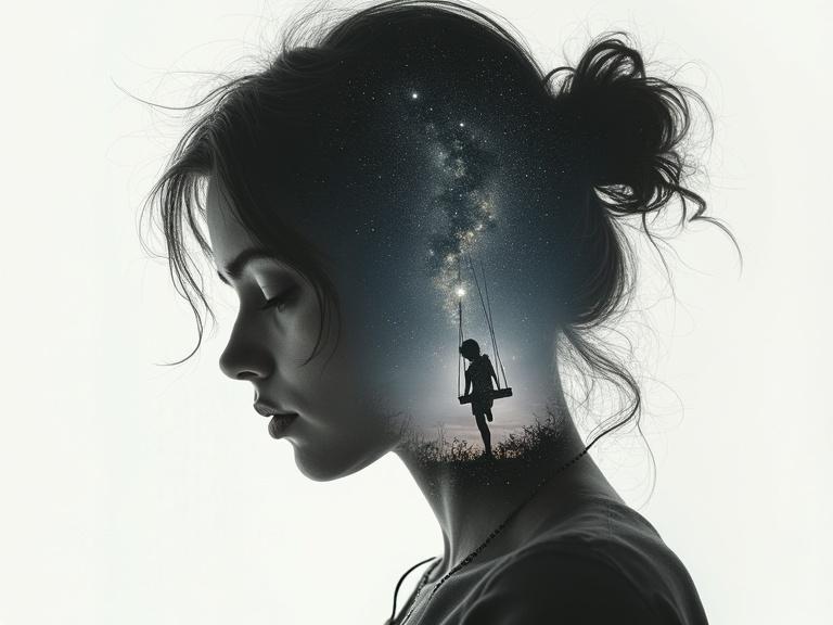 Artistic double exposure of a melancholic female face in textured black and white. Silhouette shows a night sky filled with stars and a galaxy. Includes fragments of memories like an empty swing and a child's bedroom. Digital painting with visible textures and soft atmosphere.