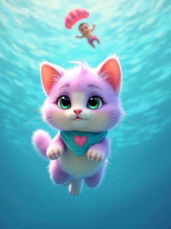 A fluffy anthropomorphic kitten swims through the open ocean with determination. The cat has pastel pink and lavender fur. The kitten features large expressive green eyes. It wears a light blue bandana with a stitched pink heart. A baby is parachuting in the background. The scene is filled with blue water and gentle waves. It has a Pixar-style and heartwarming vibe.