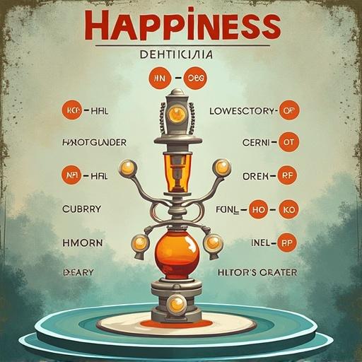 Illustration of a chemical formula representing happiness. Central lamp depicted with glowing orbs. Labels with alchemical symbols. Earthy and warm tones used. Simple artistic style.
