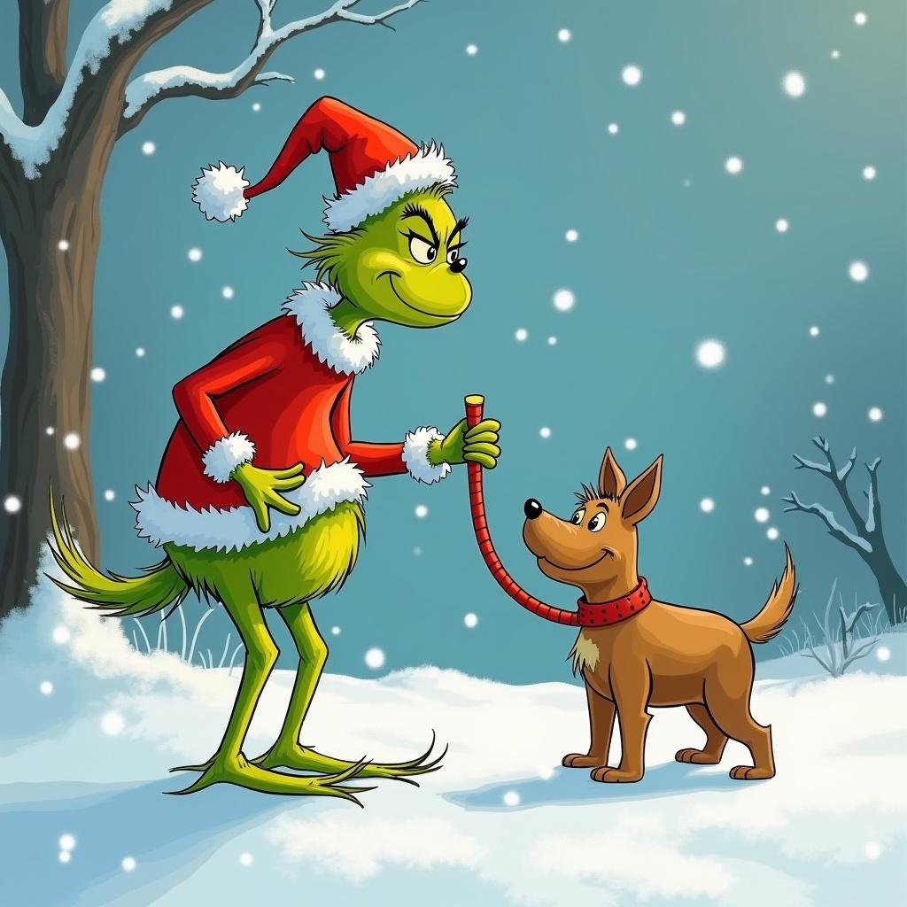 Grinch character in a red Santa outfit holds the leash of a brown dog in a snowy setting. The Grinch's expression is mischievous and playful. Snowflakes fall gently around them.