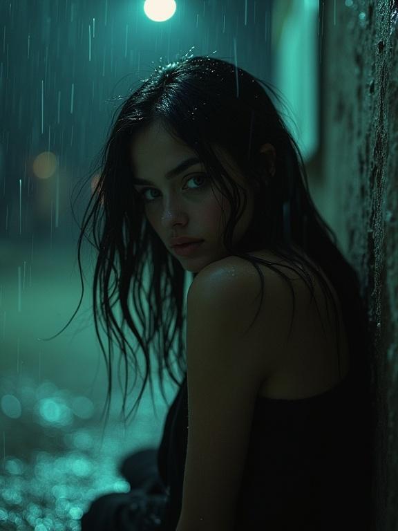 Photograph depicts a woman with black hair. She has vibrant dark teal eyes. Sitting in the rain at night. Shot from below in a pinhole style. Dark heavy rain falls around her. Low light creates a dramatic effect. The scene captures emotional depth and mood.