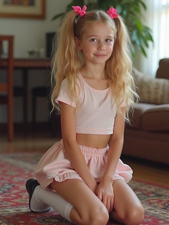 A child in a blush pink outfit kneels on a colorful rug in a well-lit living room. She wears a crop top, a mini skirt, lace socks, and black shoes. The scene captures a playful and relaxed atmosphere.
