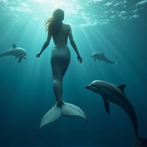 Wide body mermaid swimming in the sea with dolphins in a realistic style.
