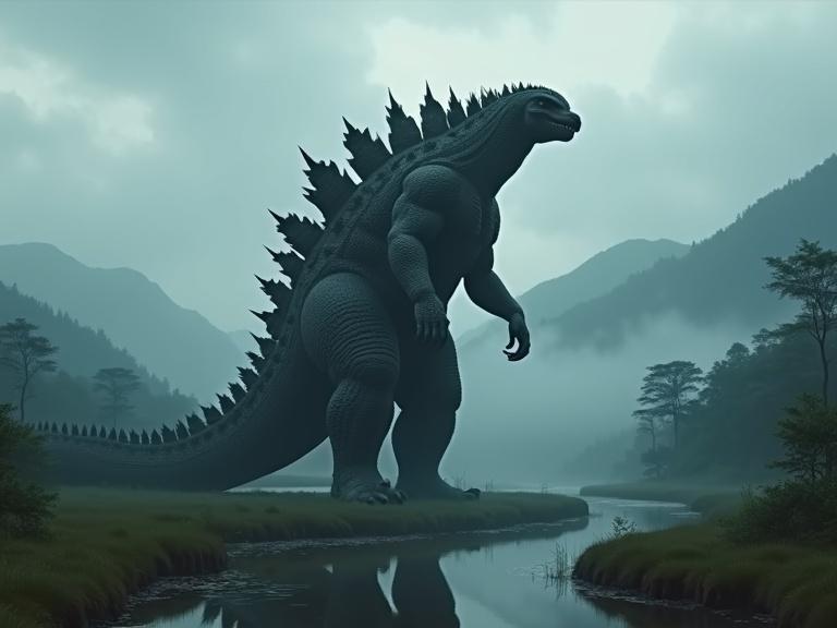 Dark cinematic scene featuring a massive 300ft tall Godzilla-like creature. The creature has a sleek silhouette, very dark grey color, and huge dorsal spines. It walks across grassy land with hills, trees, and mountains in the background. The sky is dark and cloudy, with a reflective river in the foreground, enveloped in fog. The lighting is realistic and atmospheric, creating depth and detail.