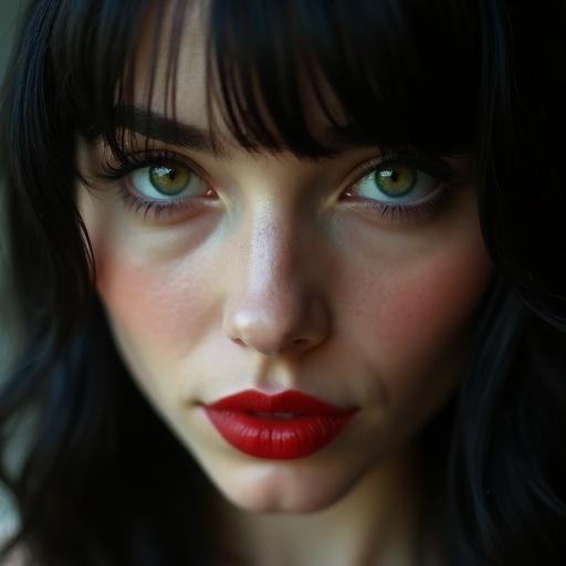 Close-up image of a 25-year-old femme fatale. Green eyes lock with camera. Porcelain-smooth skin with dewy glow. Sculpted features and deep red lips. Jet-black hair cascades around face. Minimal makeup with smoky eyes. Dark velvety background. Ultra-realistic, high-definition, soft lighting.