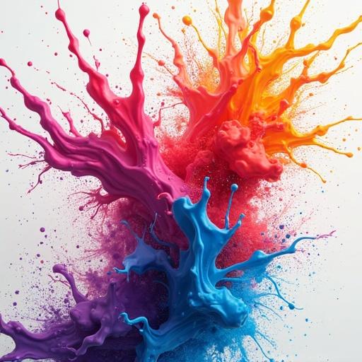 Abstract image showing a vivid splash of various colors including pink, blue, purple, orange, and yellow. Fluid shapes created with paint in explosion manner.
