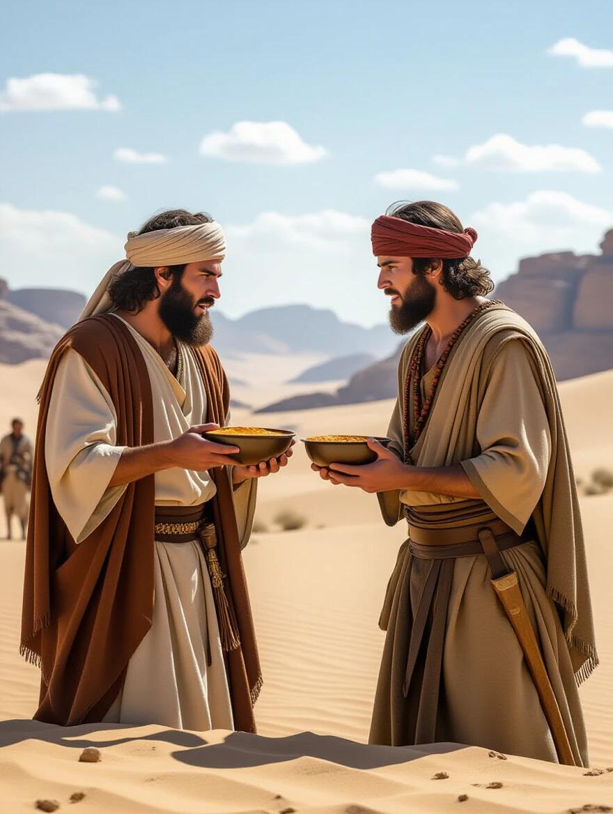 Dramatic scene showing young biblical characters Jacob and Esau in a desert. Jacob holds a bowl of stew while Esau looks frustrated. They are dressed in period clothing from Abraham's time. The scene captures a tense moment symbolizing the struggle for the birthright. Hyper-realistic and in 8K resolution.