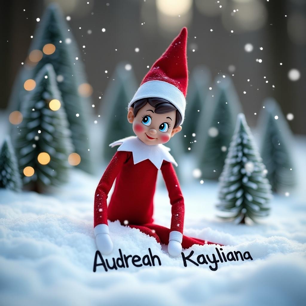 An Elf on the Shelf is sitting in the snow in the woods. Elf writing names in snow. Background includes small evergreen trees dusted with snow and twinkling lights. Elf dressed in red and white with rosy cheeks. Snowflakes falling around.