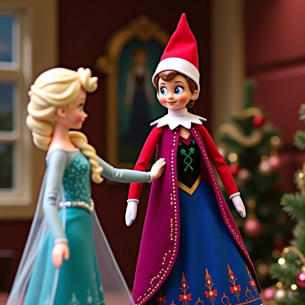 Charming holiday scene featuring elves, Elsa, and Anna. Decorations include a Christmas tree and festive ornaments. Bright and inviting atmosphere.