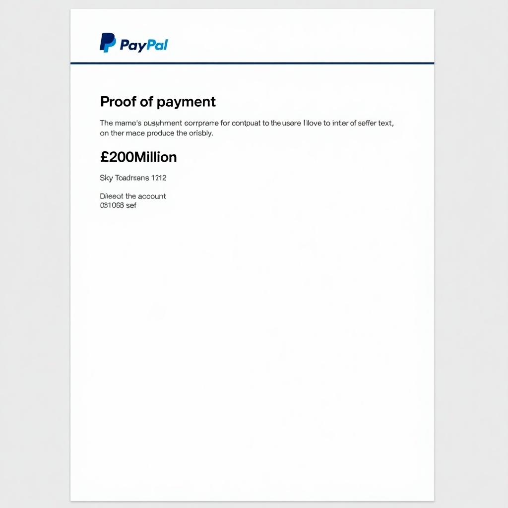 Image shows a proof of payment document from PayPal with a transaction total of £200Million directed to the account named sef. Document layout is clear with bold text typical of PayPal.