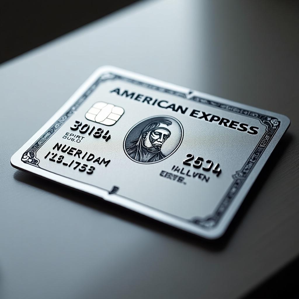 Realistic image of an American Express platinum credit card showcasing distinct details. Card displays the American Express logo prominently. The card features a silver background with bold black font, indicating a modern credit card design. Focus on cardholder details and expiration date.