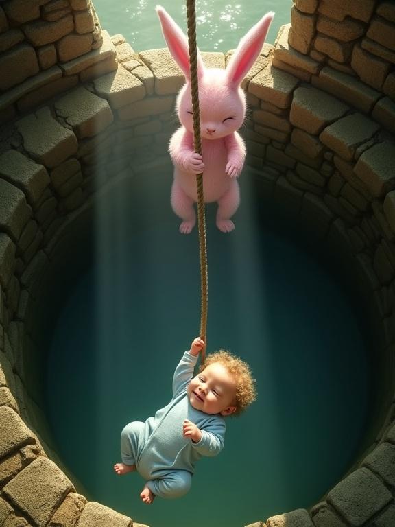 A tranquil stone well filled with water. A baby lies peacefully at the bottom wearing a light blue onesie. A large pink rabbit stands on the edge of the well holding a thick rope. The rabbit pulls itself up while gently grasping the baby with its other paw. Sunlight beams illuminate the scene, creating a warm and tender atmosphere.