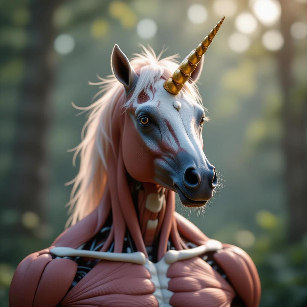 Human body with a unicorn head. Photorealistic craftsmanship. Features a charming unicorn face. Volumetric lighting enhances the scene. Captivating musculature blends with fantasy.