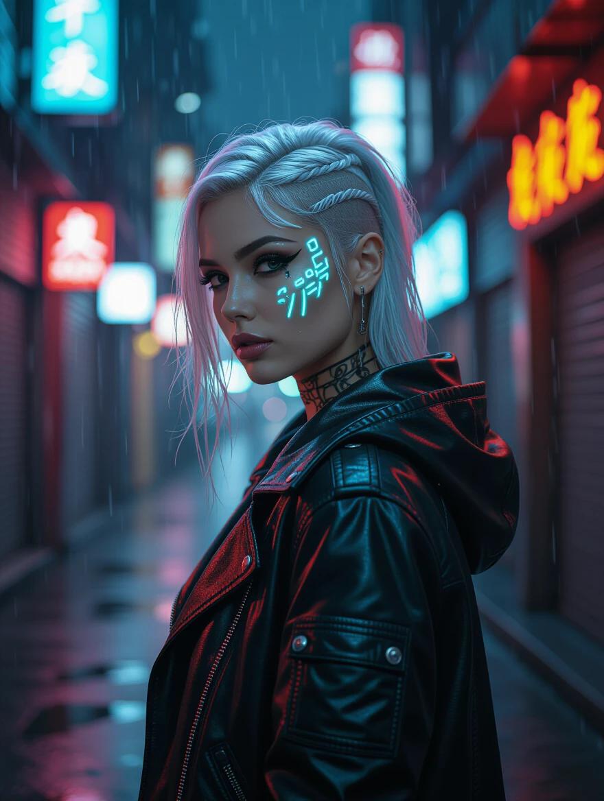 Cyberpunk woman with glowing facial tattoos and synthetic silver hair. Wearing futuristic streetwear, standing in a rain-soaked alley. Backlit by neon signs with a moody atmosphere. Image features shallow depth of field and dramatic rim lighting.