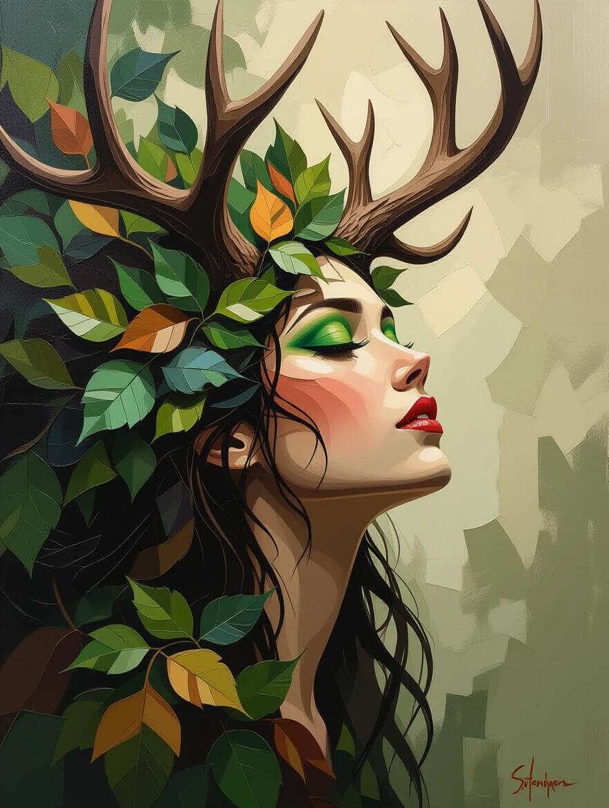 Impasto portrait painting with palette knife textures and thick strokes in forest tones. Woman's abstract face emerges from painted chaos of leaves and vines. Antlers blend into foliage. Haunting embodiment of the Horned Goddess, guardian of the wild.