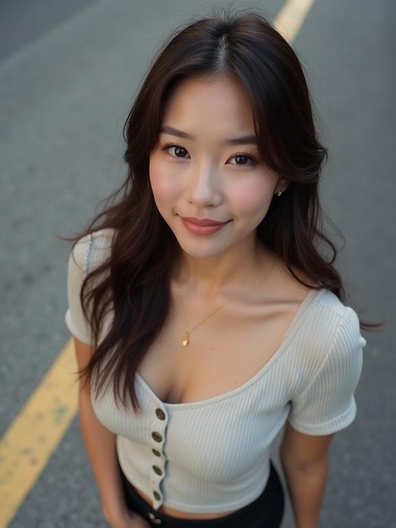 View from above of a beautiful woman wearing a button crop top walking in the street. She has a very large bust and a stunning face.
