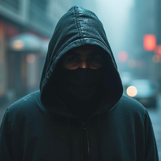 A close-up shot of a figure wearing a hood and mask in a foggy urban setting.
