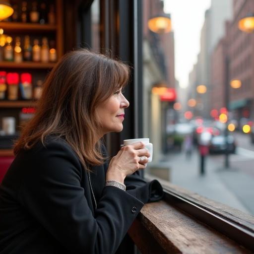 In New York, a 50-year-old woman with brown hair enjoys coffee in a bar. She gazes out the window at the bustling street. The ambiance reflects a cozy café atmosphere.
