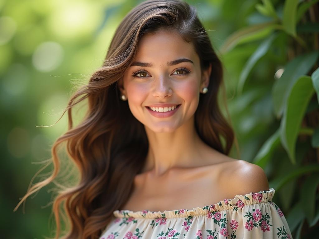 Portrait of a woman in Dubai city. Bright natural lighting. Soft glow on her face. Inviting smile and soft features. Floral dress contrasts with lush background. Cheerful and refreshing mood. Contemporary lifestyle photography emphasizing natural beauty.