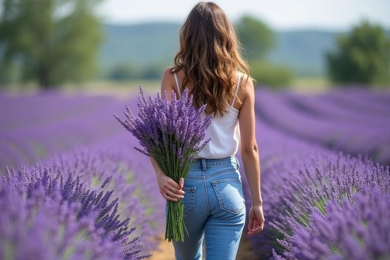 Adult woman in jeans walking in lavender garden. She holds bouquet of lavender. Wavy hair to shoulders. Beautiful natural scenery.