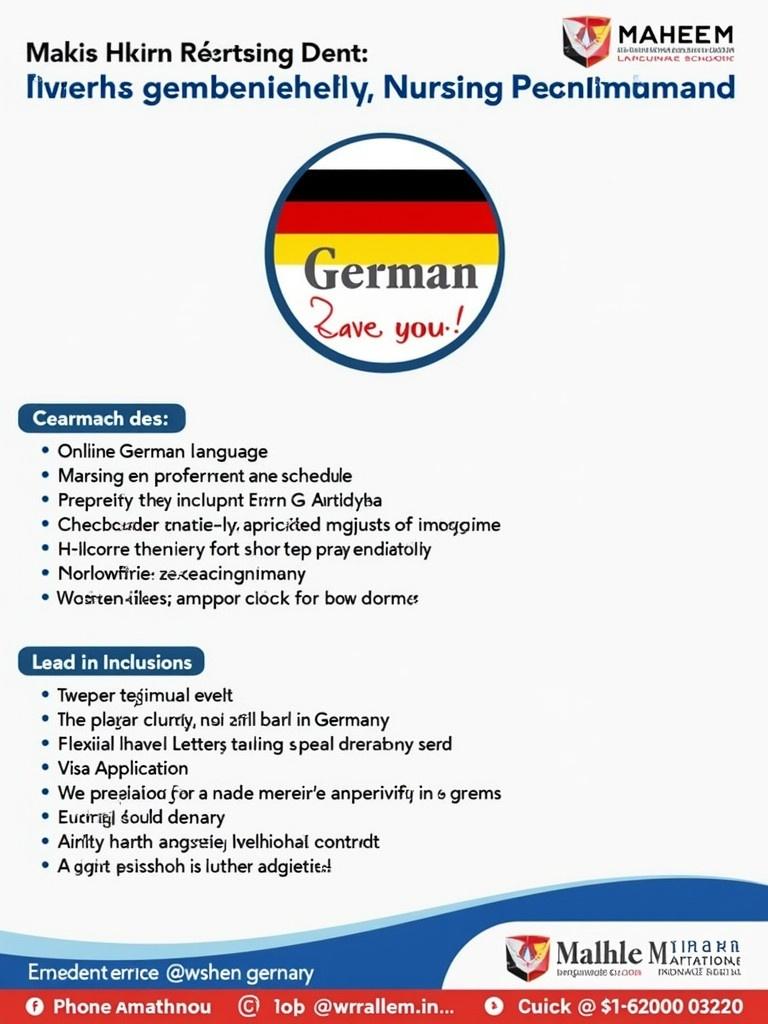 Nursing professionals can start their career in Germany. Maheem International Language School offers an A1 to B2 German language course. Support includes exam fees and personalized interview coaching. Salary starts from €2500/month. Contact details and website provided.