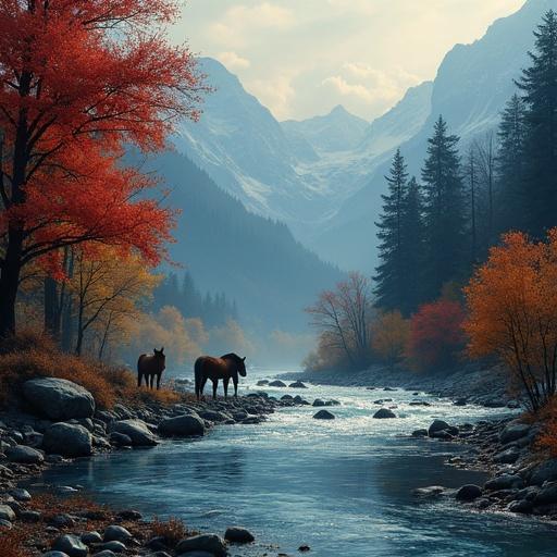 Digital painting wallpaper features an autumn landscape. Focus on horses drinking from a river in a Swiss Alps valley. The scene shows a foggy atmosphere with vibrant colors. A blend of blood red orange blue and yellow creates a stunning effect.