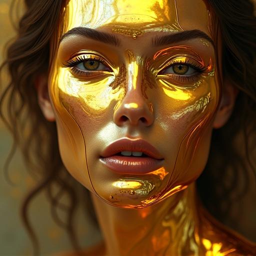 Stunning female face made of thick glass and melting gold. The appearance is symmetrical with textures of dripping gold. Emotional intensity is conveyed through the gaze.