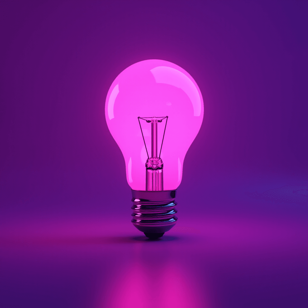 A vibrant pink light bulb glows against a smooth, gradient purple background.