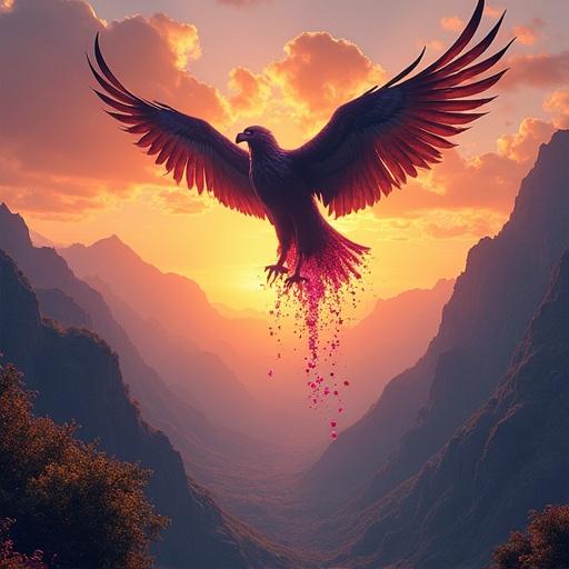 A giant Andean condor soaring over majestic mountains during a vibrant sunrise. The wings of the condor transform into flowing rivers filled with wine, while blueberries and passion fruits gently fall from the sky. The scene is illuminated by golden light breaking through the clouds. This image captures the essence of symbolic and surreal elements inspired by Andean mythology.