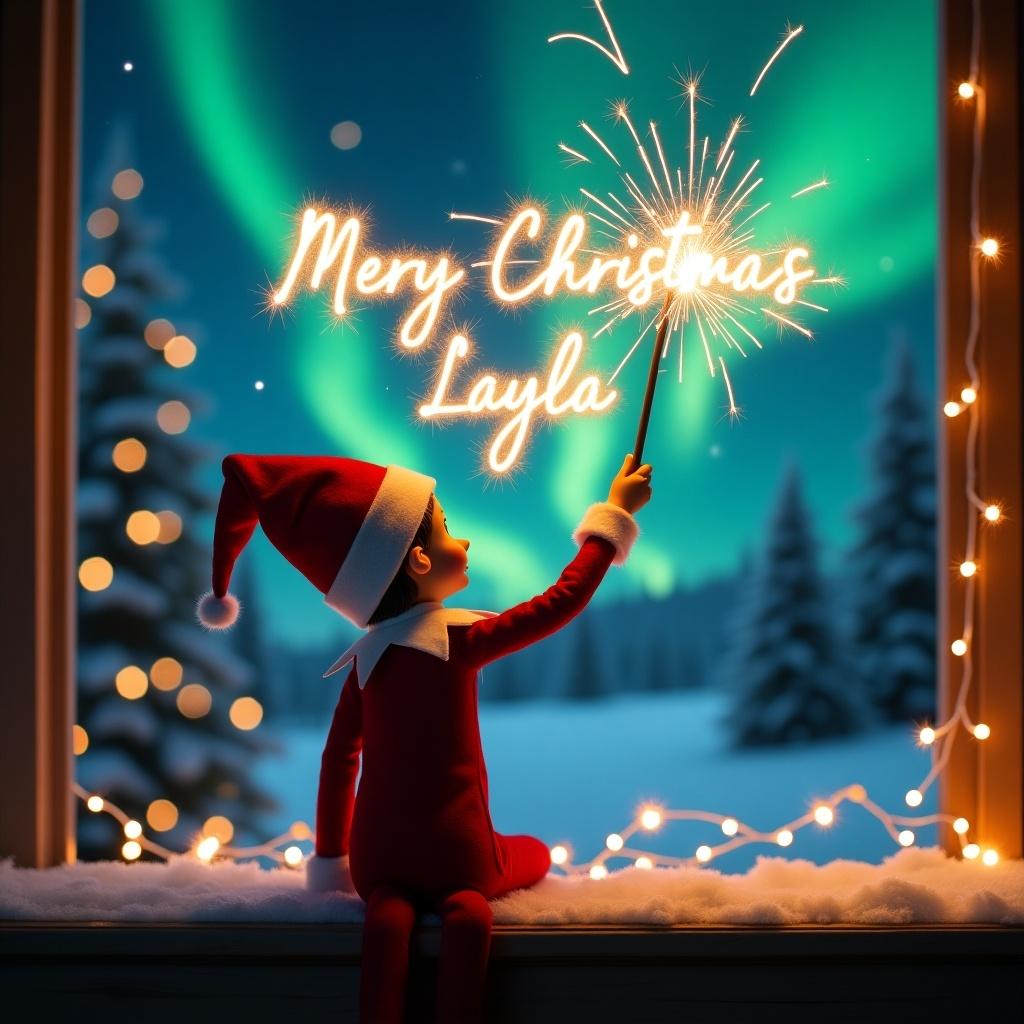 Enchanted Christmas scene features elf on shelf facing sky. Elf dressed in red and white with magic wand. Writing 'Merry Christmas Layla' in sparkler script. Vibrant northern lights in the backdrop. Captures festive spirit with whimsy and excitement.