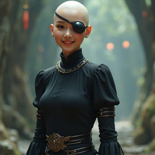 A beautiful young Asian woman stands in a magical kingdom. She has no hair and wears an eyepatch. A fitted high-neck black blouse emphasizes her silhouette. She pairs it with a tight miniskirt. The background features an enchanting forest with deep colors. This artwork aspires to be a masterpiece with rich details and a fantastical theme.
