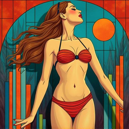 Image depicts a woman in a bikini in an Art Deco style. She stands among geometric patterns. Background features stained glass colors. The style combines op art and surrealism elements.