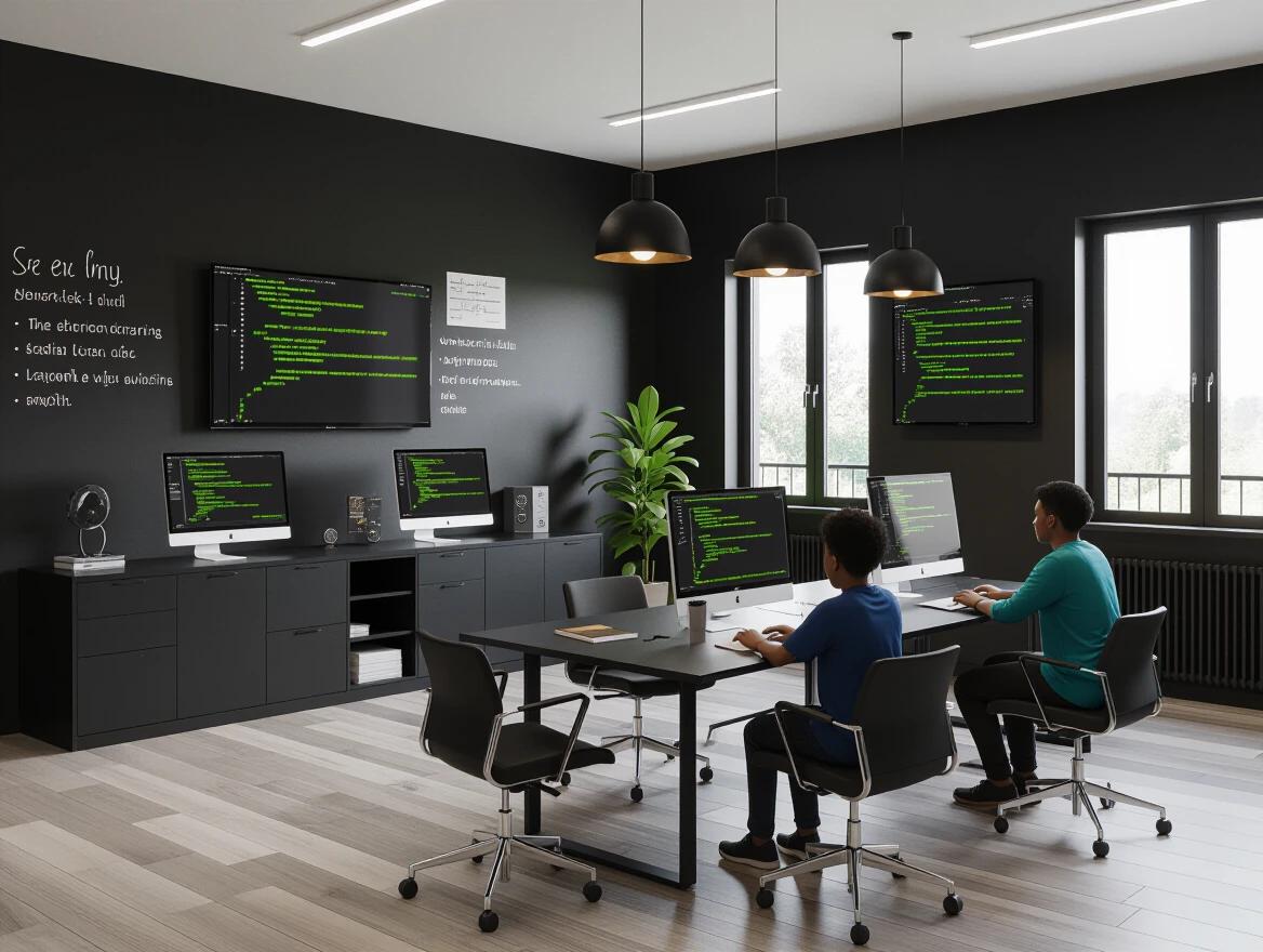 A black African primary school ai and coding classroom with modern facilities features natural lighting and advanced computing equipment. Two children focus on coding tasks at a large table. Black walls enhance modern design. Computers display code and visualizations. Potted plant adds a touch of green.
