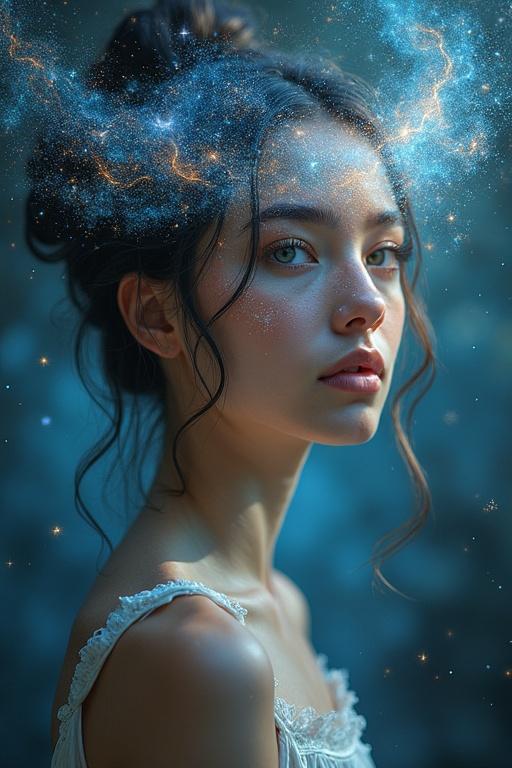 Dream Weaver - A person with swirling galaxies for eyes. Weaving dreams with threads of light and shadow. Surrounded by floating islands.