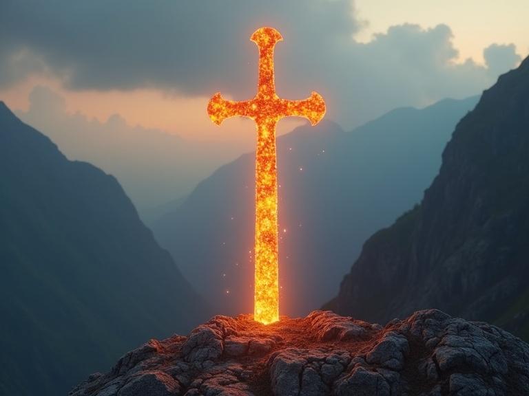 A glowing cross made of fire-looking glass stands atop rock in a mountainous area. The cross is illuminated, reflecting a powerful spiritual presence. The background shows large mountains and a cloudy sky.