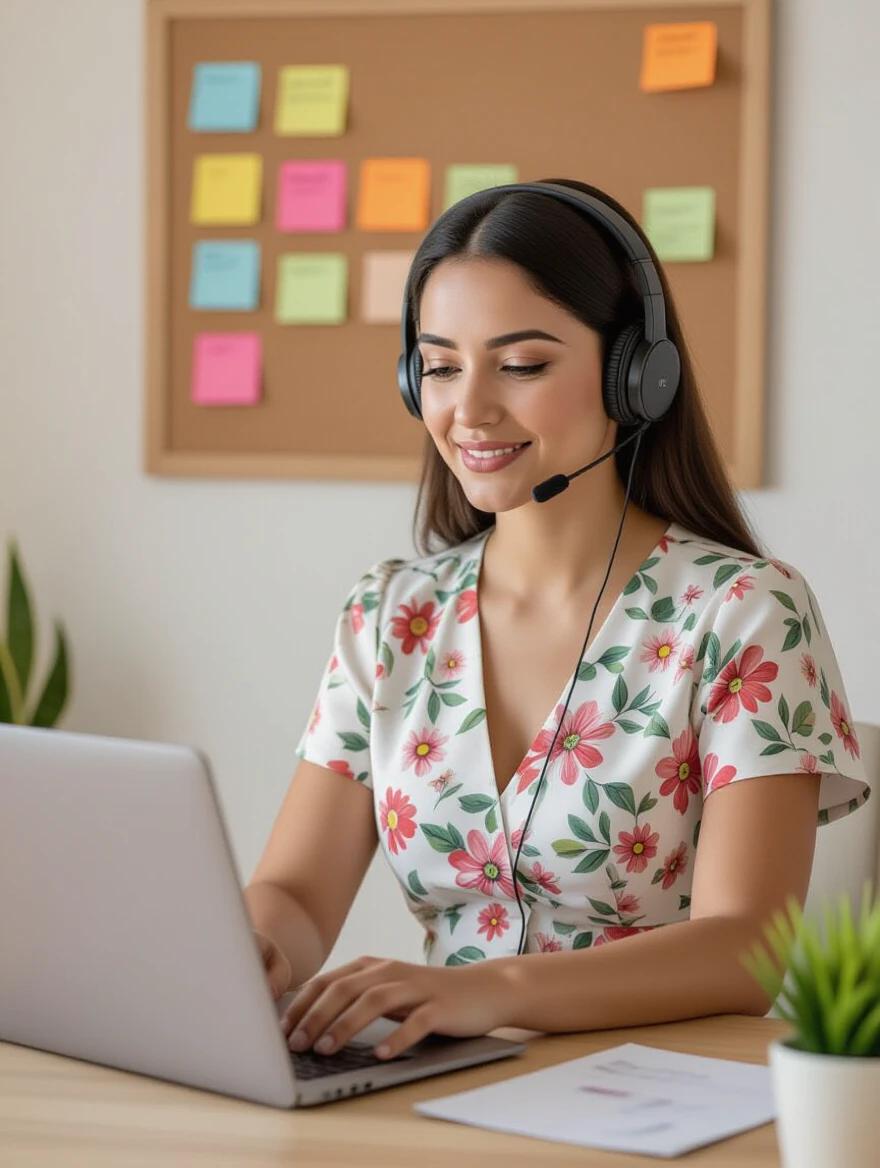 Mexican woman in floral dress working on laptop managing online business. Corkboard with goals and sticky notes in background. She wears headphones and appears engaged and confident. Bright lighting creates an inspiring atmosphere.