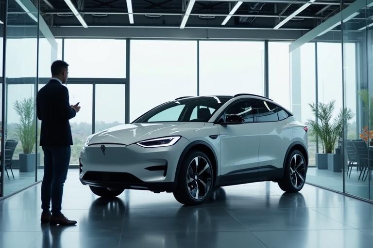 Wide establishing shot of a new electric car in a showroom. Host is talking to camera. Car is positioned elegantly. Bright light and modern architecture visible.