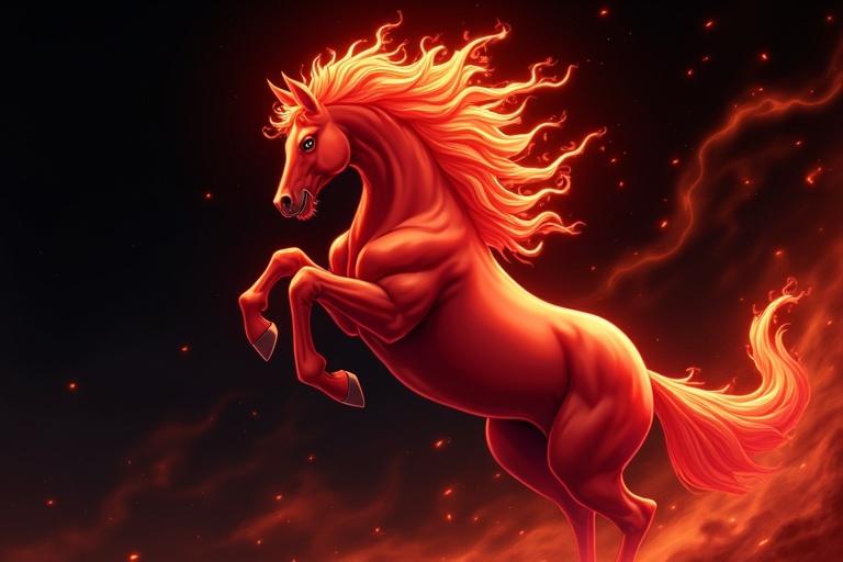 A majestic, fiery red anime horse rears up against a dark swirling background. Its mane and tail are ablaze with flames, creating a dynamic and powerful appearance.