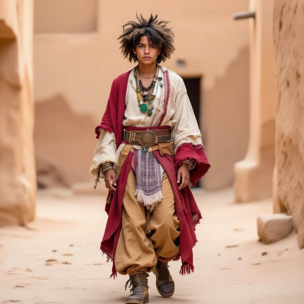Concept art of a young man dressed in elaborate clothing. He wears a dark purple tunic and fitted beige shirt. Leather belt with bags and accessories. Expression is serious and mysterious. Pants are tapered into men's boots. Backpack and wooden bracelet indicate growth. He is in a riverside village with mountains, huts, and waterfalls. Aesthetic features gentle natural light.