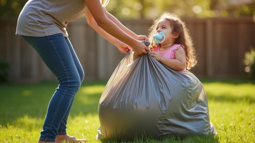 A mother and her daughter play outdoors. The mother is placing her 10-year-old daughter into a large garbage bag. The daughter holds an oversized pacifier. The scene is joyful, showcasing fun and affection. The setting is sunny with a grassy yard in the background. They are both smiling and having a good time.