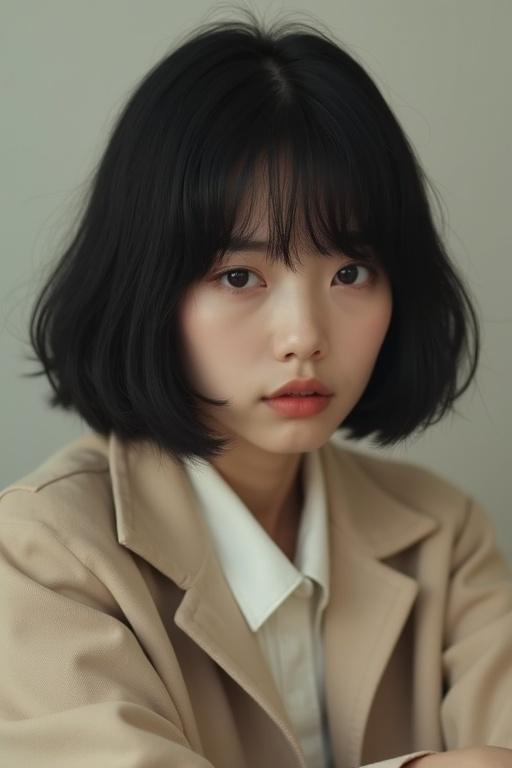 Portrait of a young individual with black hair. Soft expression and stylish wardrobe. Natural lighting highlights features. Appears calm and thoughtful.