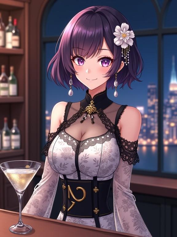 Elegant anime-style illustration of a woman with short dark purple hair and soft purple eyes. Delicate white floral hair accessory with small pearls. Wearing a high neck off-the-shoulder dress with a black and white lace pattern. Black high collar connected to off-the-shoulder sleeves with gold embellishment. Wide black belt with gold buckle. Teardrop earrings. Standing at a bar counter with a martini glass. Background shows shelves lined with bottles and a city skyline at night.