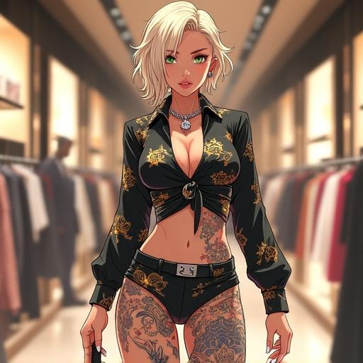 Anime character in luxurious fashion store. Woman with emerald green eyes. Light blonde curly hair. Futuristic style. Gothic printed shirt. Summer shopping ambiance. Colorful surroundings with traditional tattoos. Cybernetic right leg.