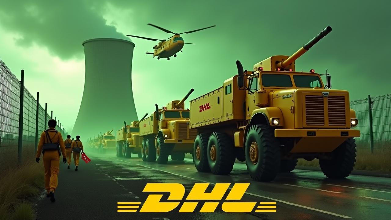 In a dramatic scene, large yellow armored trucks equipped with big cannons drive up to a fence, showcasing the DHL logo on their sides. Nearby, several soldiers in yellow uniforms march together, with one holding a DHL flag. The background features the smokestacks of a nuclear power plant bathed in a green glow. Above, a yellow Chinook CH-47 helicopter flies, enhancing the intensity of the atmosphere. The entire image has a bold, theatrical quality that underscores military logistics. The scene is enveloped in an eerie green light, amplifying the tension of the setting.