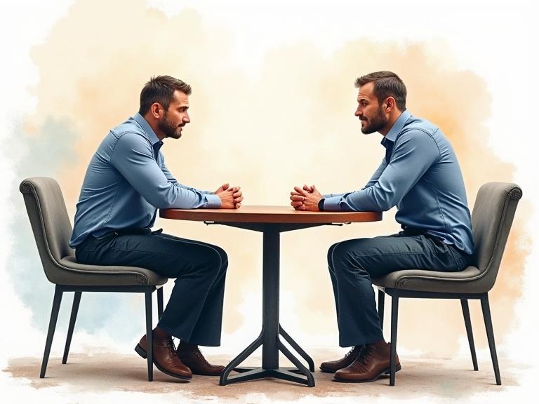 Two versions of the same man sitting at a table. Deep conversation happens between them. Watercolor splash style adds creativity to the scene without blurred faces.