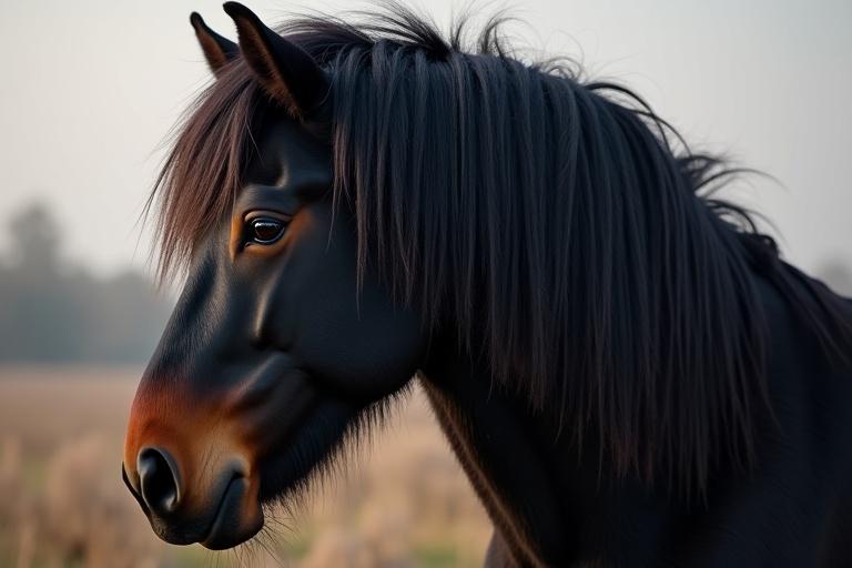 A horse with dense black fur without any brown or lighter areas. The horse is shown in side profile with soft natural light.