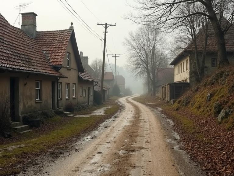 Photograph of a 19th century empty curvy uphill street in East Europe. Dirt road with puddles. Foggy day. Houses with traditional architecture on either side.