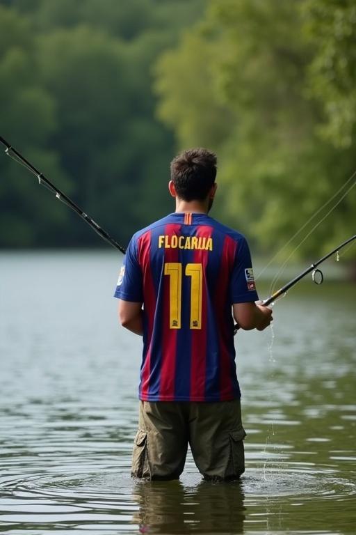Individual fishing in a lake. Wearing FC Barcelona jersey with number 11. Standing in the water. Holding a fishing rod. Surrounded by a green natural environment.