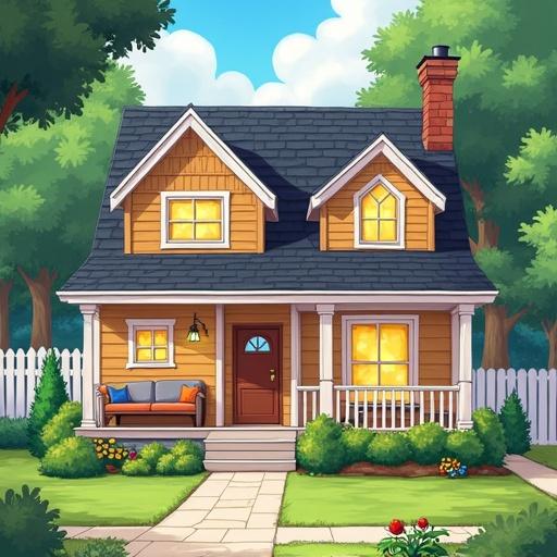 A cozy suburban home. Warm and inviting house with a large front yard. Home has a white picket fence. Inside there are comfortable couches in the living room. A modern kitchen where meals are enjoyed. A boy's bedroom filled with colorful posters. Overall cheerful and homely feel.
